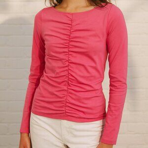 J. Crew, Dragonfruit Pink Ruched Matte Jersey Knit Stretch Top SZ Medium Preppy